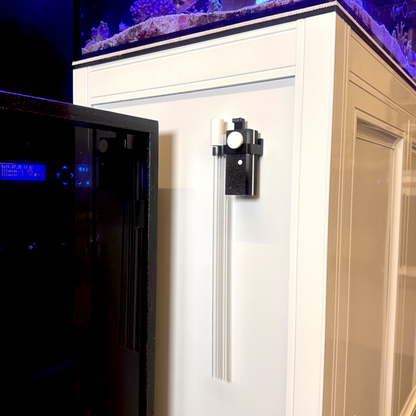 Avast Marine MATEY mounted to aquarium stand. Black MATEY on white stand. 