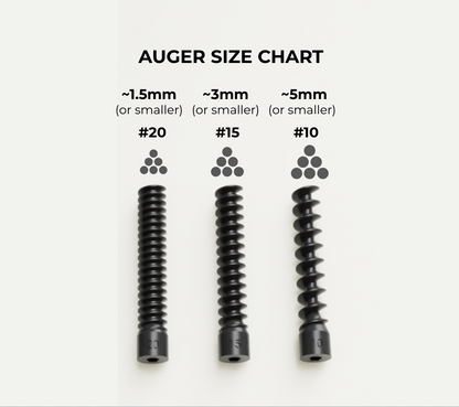 Auger size chart with three black metal augers labeled #20, #15, and #10 on a white background.