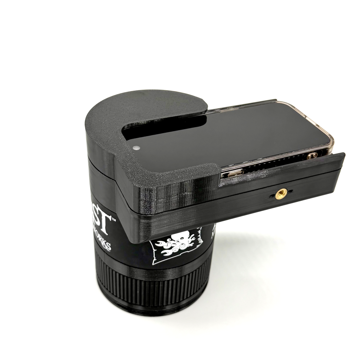 Avast Marine Porthole Creator for Apple IOS and Android. 3D-printed underwater coral and fish photography gear. Black camera lens with accessories on a white background. 