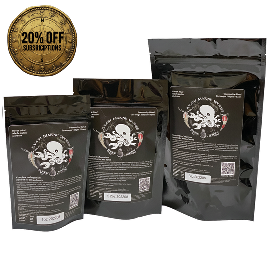 Black packaging of 'Deadly Marine Wonders' reef jerky with a promotional badge for 20% off subscriptions.