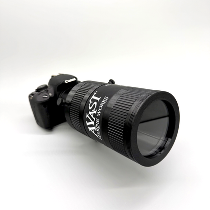 Avast Marine Porthole Studio for DSLR. 3D-printed underwater coral and fish photography gear. Black camera lens with accessories on a white background. 