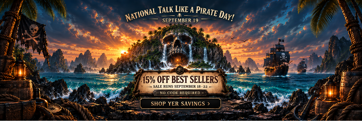 A pirate-themed promotional banner with a dramatic sunset seascape, skull on a tropical island, sailing ship, and text reading 'National Talk Like a Pirate Day! September 19' plus sale and shop savings callouts.