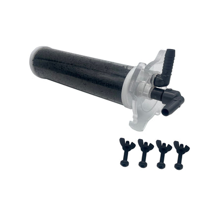 A black cylindrical filter cartridge with a clear plastic collar and black plastic fittings, shown on a white background with four small black filter pieces below it.