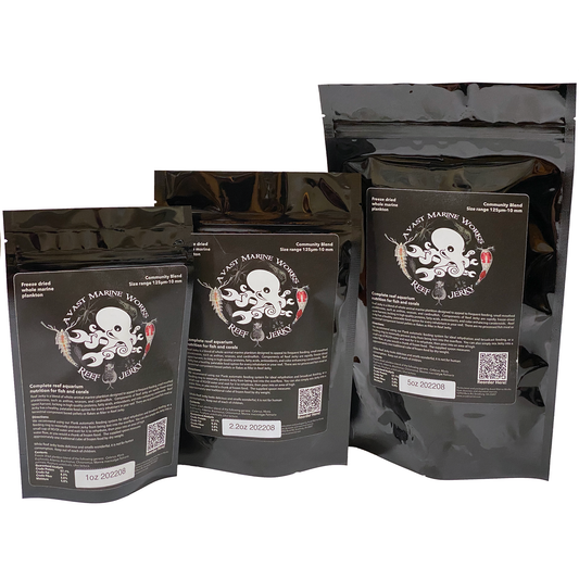Three black packages of Reef Jerky fish food in different sizes with labels indicating the size and weight of the product.